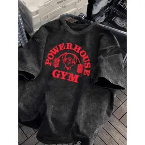 Men's Heavyweight T-Shirt Vintage Washed Gym Style Tee Loose Fit Wide Shoulder Sleeves Gorilla World Gym Powerhouse Gym Graphic Print Casual Short Sleeve Crew Neck Soft Comfortable Fabric Everyday Streetwear Fitness Workout Outfit Trendy Fashion Top