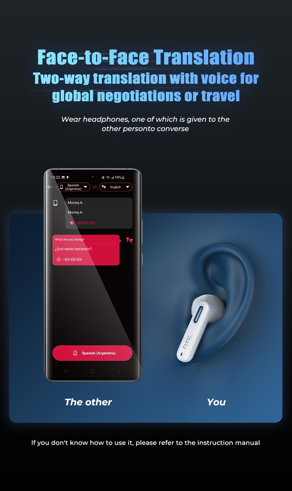 HTC NE49-ai translation headset Bluetooth headset (6.0), charging box, IPX5 waterproof, 35 hours of charging box life, built-in microphone.