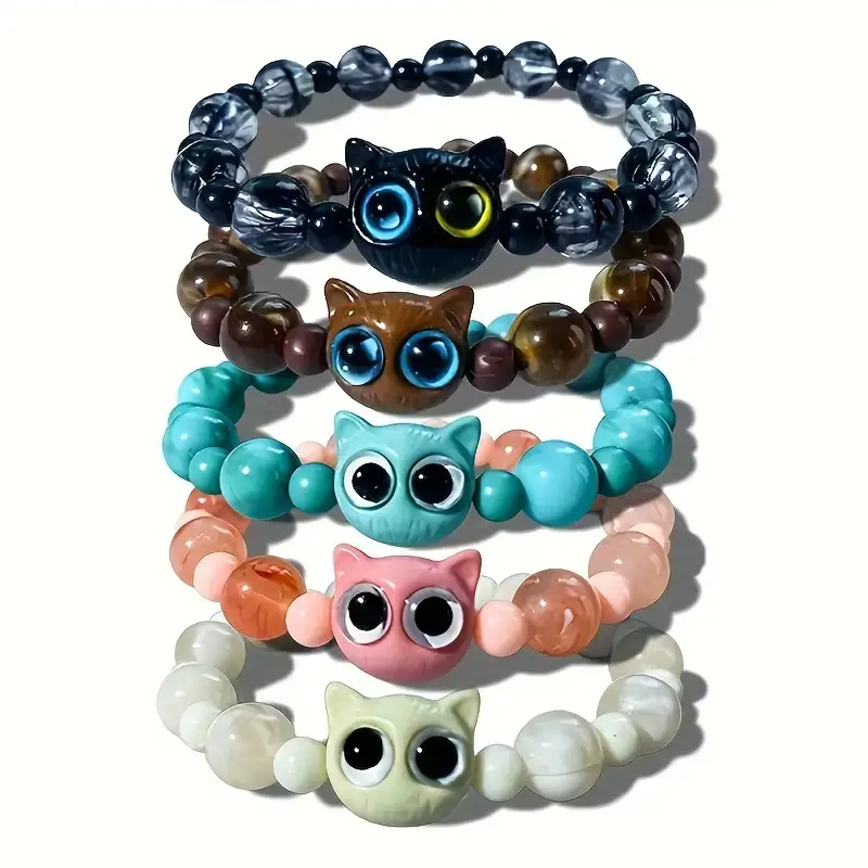 Cute Cartoon Cat Beaded Friendship Bracelet with Charms Set, 5 Pcs Elastic Jewelry for Daily Wear & Parties, Ideal Gift for Friends & Holidays, Beaded Bracelet Sets