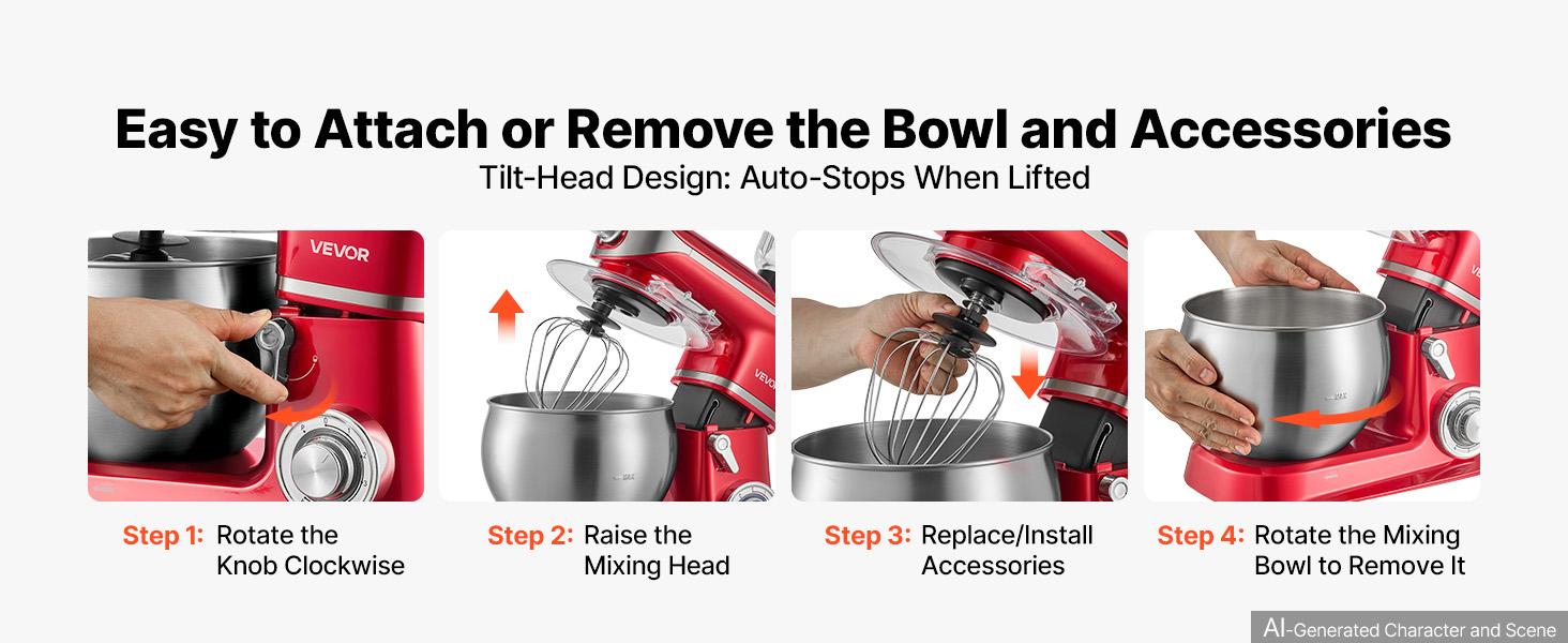 VEVOR 6.3 Qt 3-in-1 Tilt Head Stand Mixer 400W Electric Dough Mixer, Multifunctional Food Kitchen Mixer with Stainless Steel Bowl, Meat Grinder and Blender Attachments, Dough Hook, Whisk, Beater