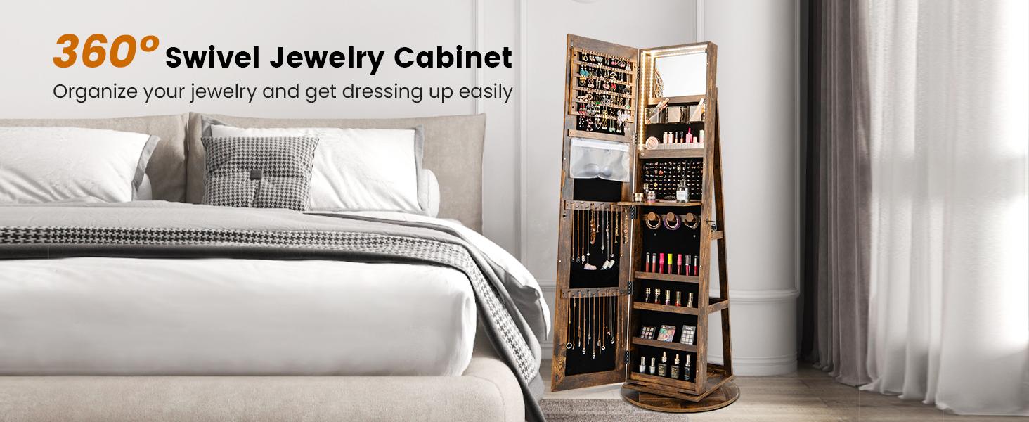 COSTWAY 360° Swivel Jewelry Armoire with Full Length Mirror, Rear Storage Shelves, Lockable Standing Jewelry Cabinet Organizer with Interior Vanity Mirror and 3-Color Lights -costst COSTWAY 360° Swivel Jewelry Armoire with Full Length Mirror, Rear Storage Shelves, Lockable Standing Jewelry Cabinet Organizer with Interior Vanity Mirror and 3-Color Lights -costst
