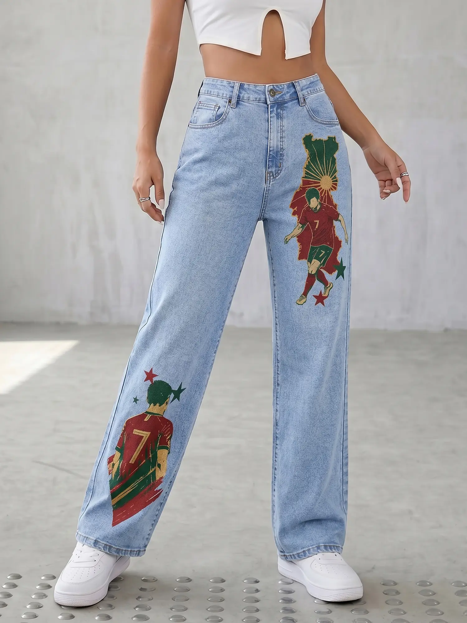 JR JEANIUS WEAR Women’s High Rise High Stretch Light Wash Wide Leg Denim Pants, All Season Casual Jeans With Retro Portugal Football Athlete  Graffiti Print, Unique Soccer Star Graphic For  Daily Street & Game Wear distressed comfortable button Loose-Fit