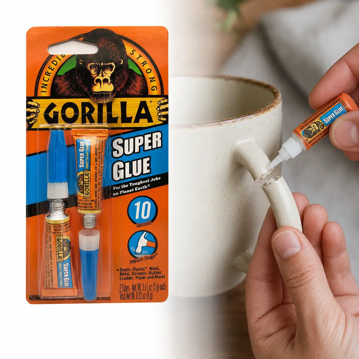 Gorilla Super Glue 0.8 oz Tubes,CA glue,clear adhesive,anti-clog cap,fast drying,10-45 second bond,no clamping,Impact Tough,plastic,wood,glass,metal,ceramic,rubber,leather,paper,stone,crafts,DIY repairs,home projects,quick fixes,small repairs,instant bond