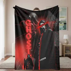 Ghost Mask Flannel Blanket Scream Horror Design Print Soft Warm Durable Cozy Texture Perfect for Halloween Decor Movie Night Bedroom Style Gift for Horror Fans Lounge or Sofa Use