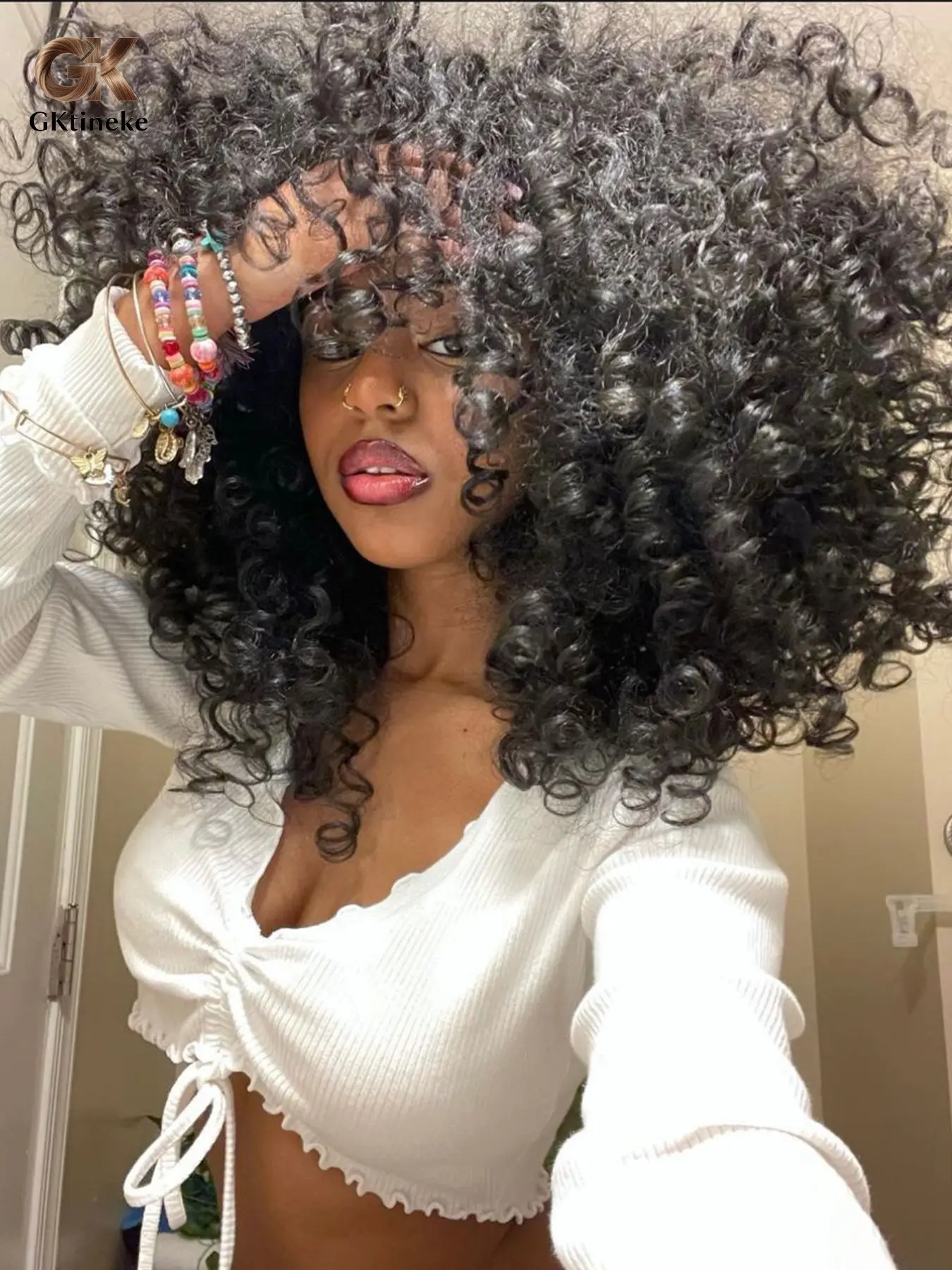14-Inch Medium-Length Curly Synthetic Wig with Bangs, Suitable for Cosplay and Daily Use, Hair Style, Curly Wigs