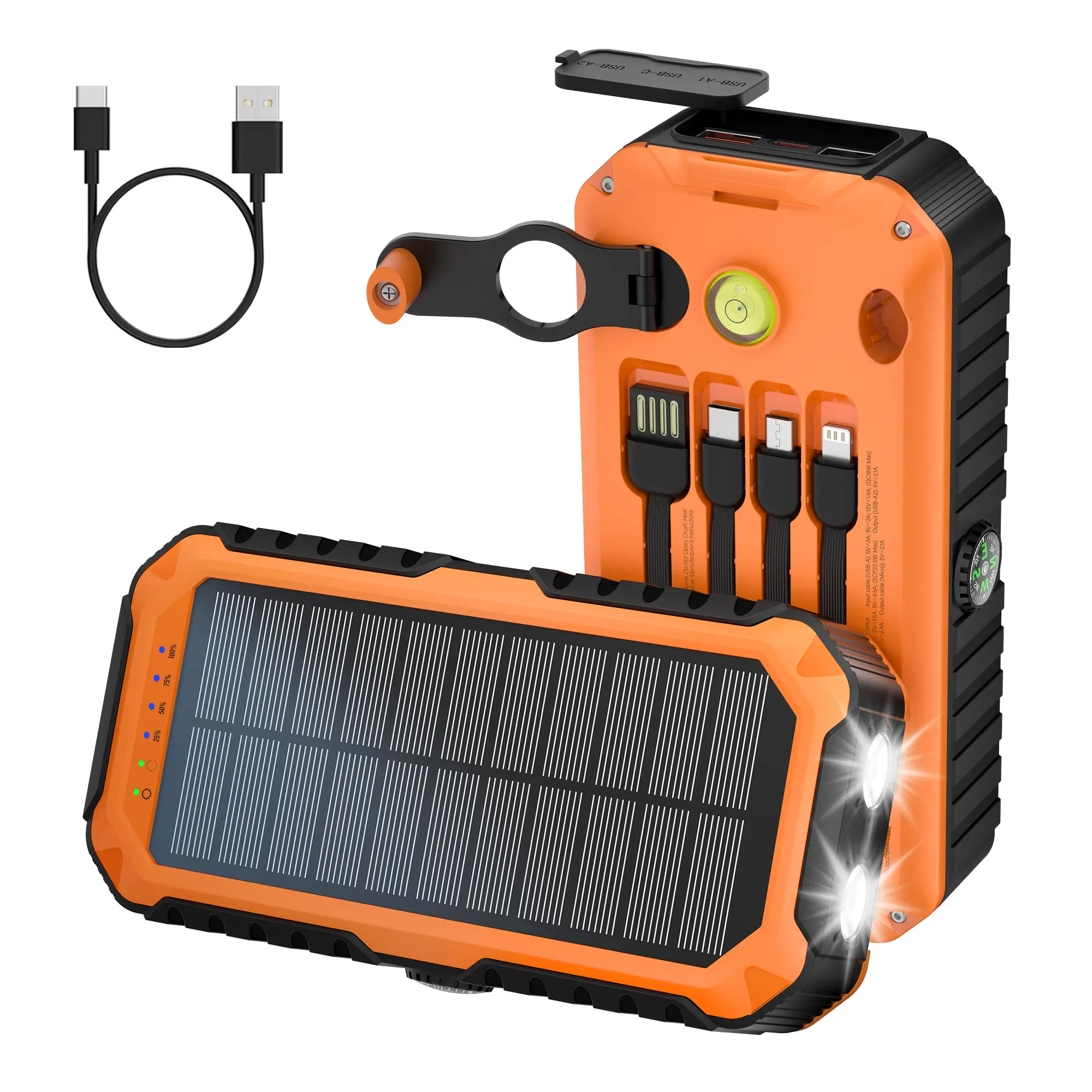 40000mAh Solar Power Bank 22.5W Fast Charging Portable Charger Battery Pack with Flashlight Compass 6 Output Ports 4 Cables for Hurricane Season Emergency Preparedness Camping