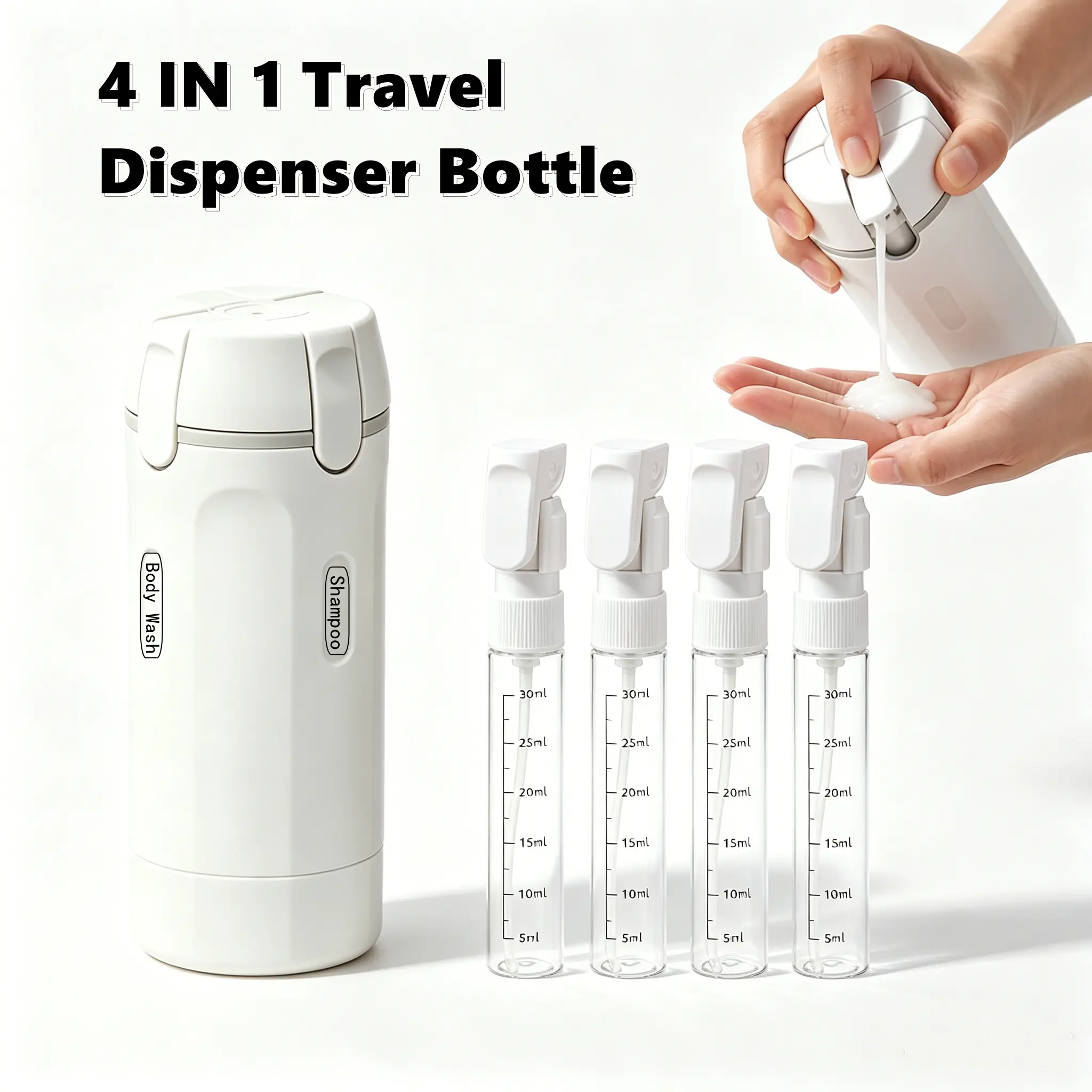 4-in-1 Leak-Proof 150ml Travel Refillable Bottles Set, Foldable Compact Cylindrical Daily Toiletry Containers for Shampoo, Body Wash, Lotion, Toner, Ideal for Travel, Gym Workout, Space-Saving Dispensers With Scale Marks, Collapsible, Compact Cylindrical