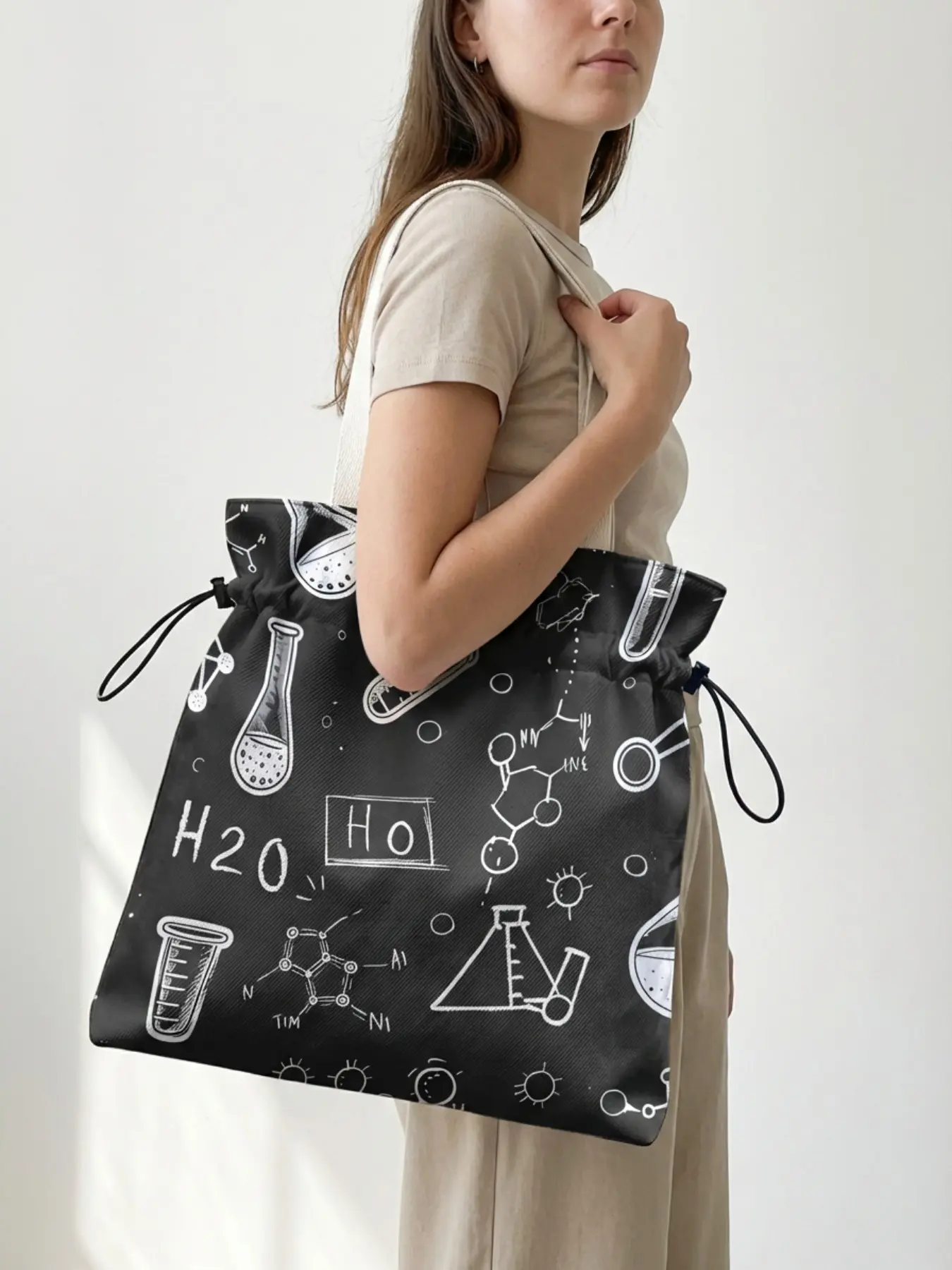 Chemical Reagent Pattern Drawstring Tote Bag, Large Capacity Shopping Bag, Durable and Wear-Resistant, Suitable for Work, Shopping, Picnic
