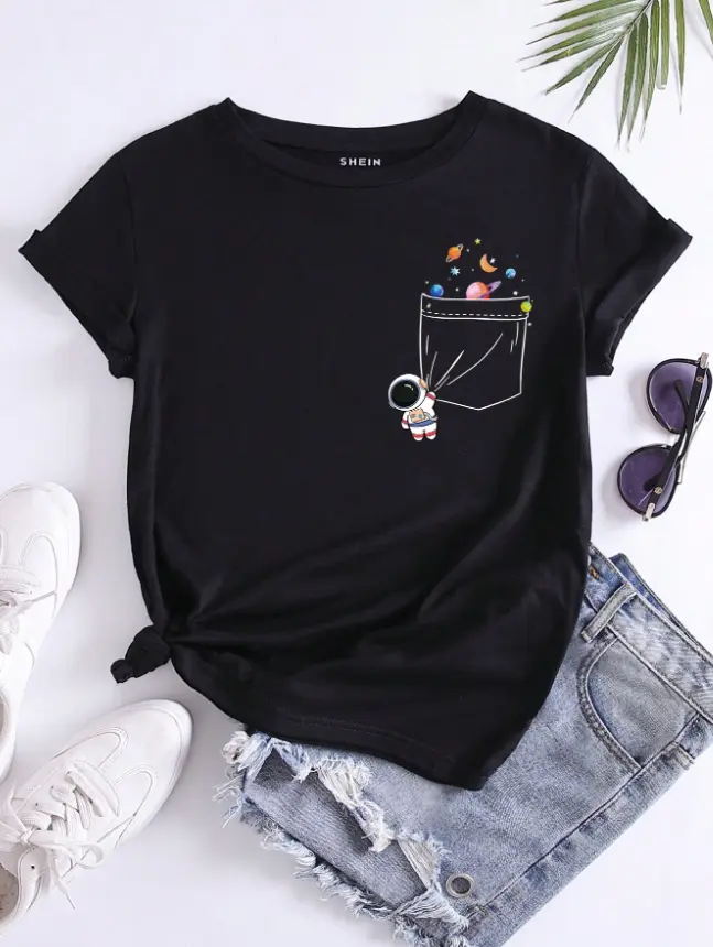 Women's Breathable Cotton Short Sleeve Summer T-Shirt - Whimsical Space Design, Cute Astronaut Pulling Pocket, Heat Transfer Detail, Ideal for Evening Strolls, Outdoor Picnics
