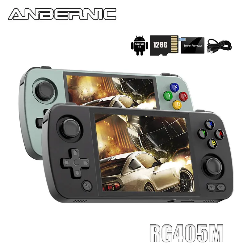 ANBERNIC RG405M Aluminum Alloy Portable Handheld Gaming Console with 128G Card, Android 12, Unisoc Tiger T618, 4in IPS Screen, Hall Effect Joystick, USB Support, OTA Update Protection, Portable Handheld Console