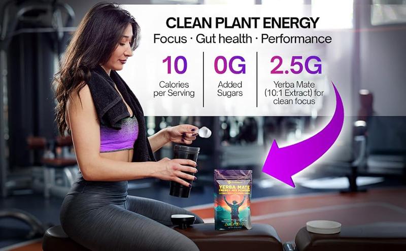 Yerba Mate Energy Drink Mix Powder with Maca, Ginseng, Beet Root, Electrolytes & B12 – Sugar-Free, Vegan, 5.3 oz (15 Servings)