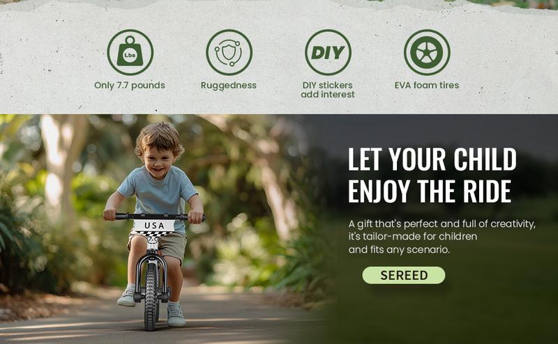 SEREED Balance Bike with Light-Up Wheels for Boys & Girls Ages 2-5, Pedal-Free Toddler Glider Bike Toy, Tool-Free Adjustment, Sticker-Customizable Panel, Perfect Birthday Gift for Toddlers