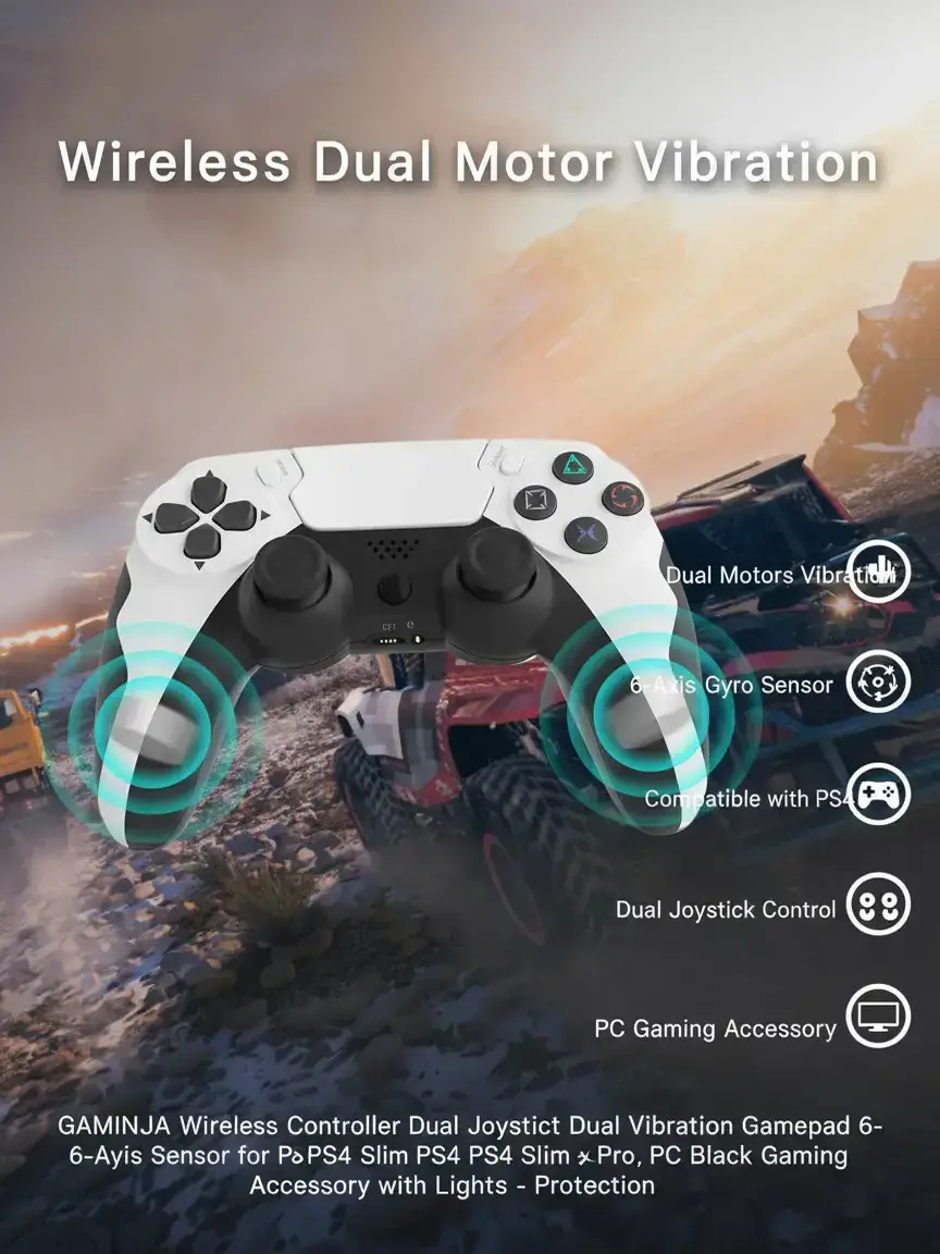 GAMINJA Wireless Controller Dual Joystick Dual Vibration Gamepad 6-Axis  Gyro Sensor for PS4 PS4 Slim PS4 Pro PC Black Gaming Accessory with Lights  - Protection outdoorfun