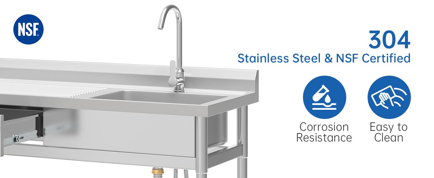 39" Stainless Steel Utility Sink with Left Drawer and Drainboard Freestanding Laundry Sink with Hot & Cold Faucet 304 Matte Finish Single Bowl 17"x13" with Backsplash for Indoor/Outdoor 39" Stainless Steel Utility Sink with Left Drawer and Drainboard Freestanding Laundry Sink with Hot & Cold Faucet 304 Matte Finish Single Bowl 17"x13" with Backsplash for Indoor/Outdoor