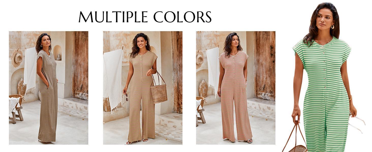 Imily Bela Womens Casual Striped Jumpsuits Summer Cap Sleeve Wide Leg Jumper Romper Button Down Travel Beach Outfits
