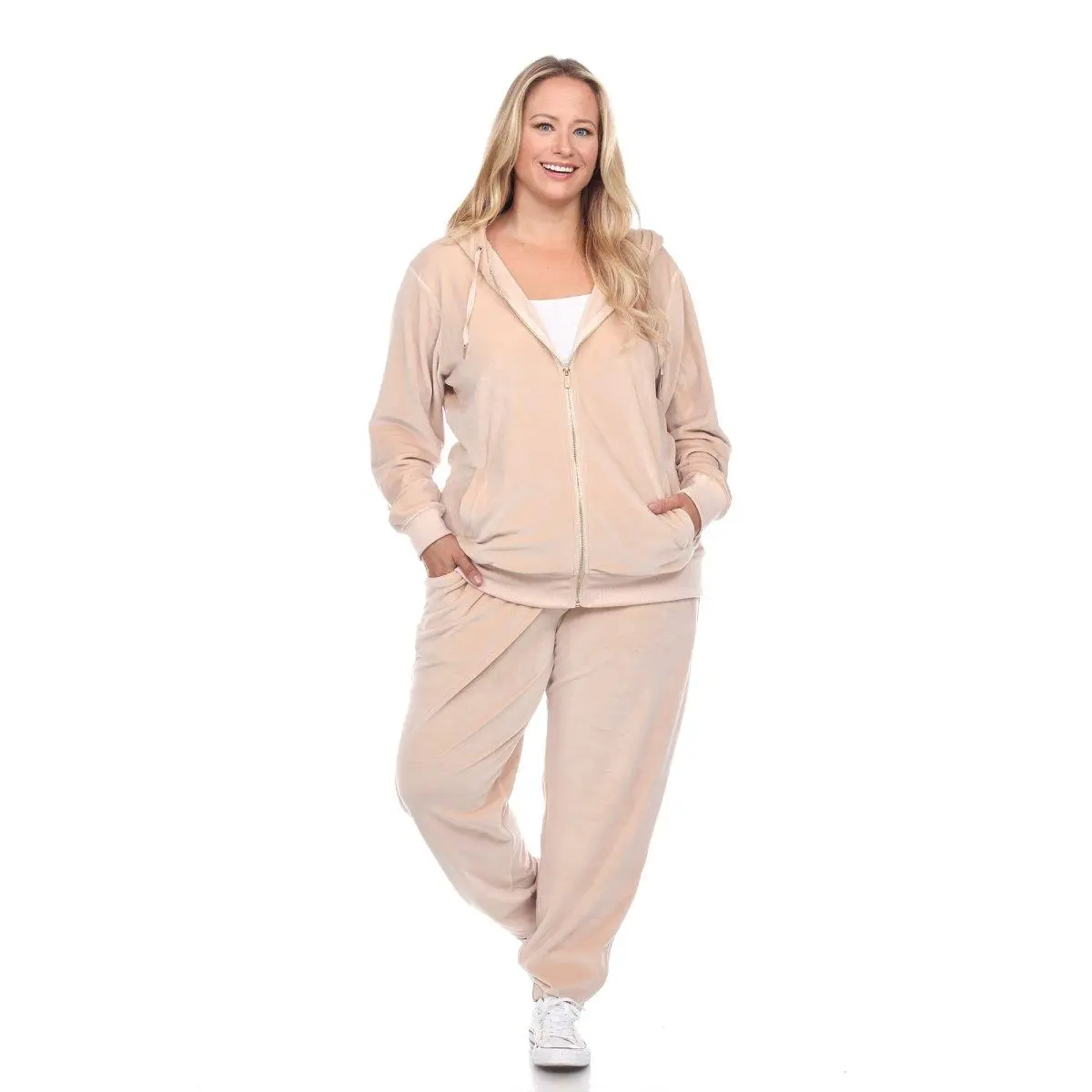 212 MAIN Plus Size Fitted Velour Tracksuit Set, 2-Piece Zip-Up Hoodie and Sweatpants with Kangaroo Pockets for Daily Wear & Indoor Sports, 2 Front Half-Kangaroo Pockets, Fitted Cut, Velour Fabric, 2-Piece Women's Tracksuit Set