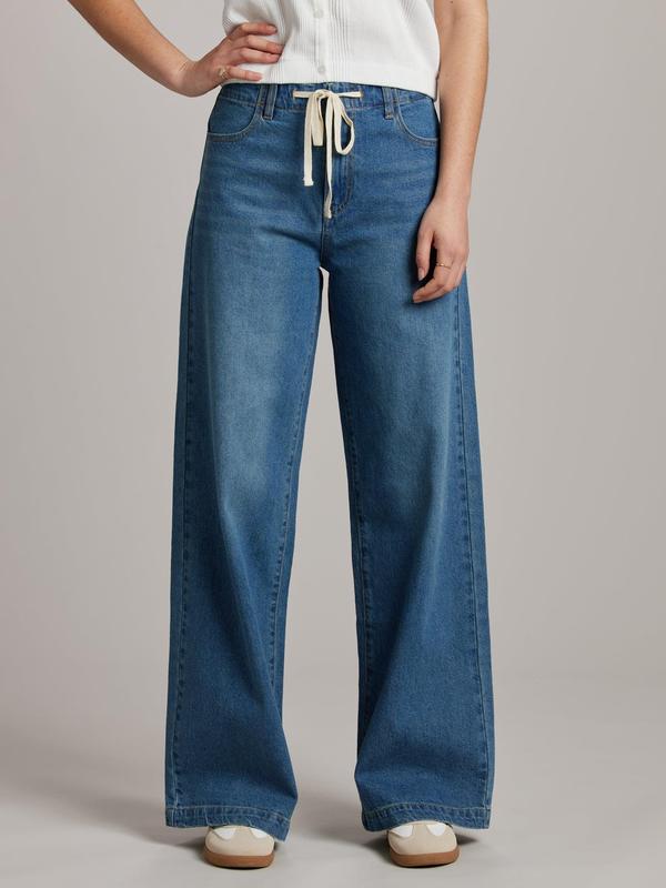UNIONBAY Women's Selah Tie-Waist Wide-Leg Denim Pants for Women, Stretchy 96% Cotton-Spandex Blend, Casual Drawstring Closure Jeans