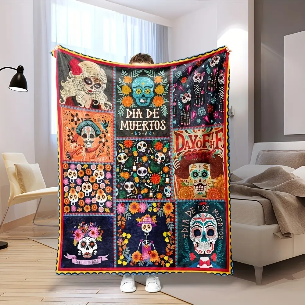 Dia de los Muertos Sugar Skull Floral Plush Flannel Soft Fluffy Blanket - Durable, Warm, Mexican Culture Throw for Adults, Fall Halloween Gift, Blankets for Sofa, Bedroom Decor, Cozy Naps & Warmth Provider