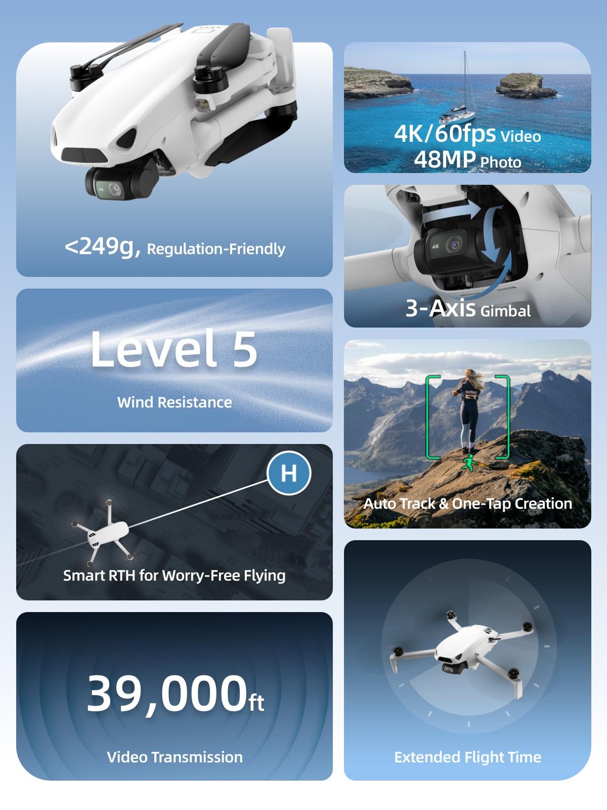 Skyrover S1 Mini Drone with Camera 4K/60fps Video, 3-Axis Gimbal Stabilization, 39,000ft Video Transmission, 40-Min Flight Time, Under 249g, Auto Track S1-4