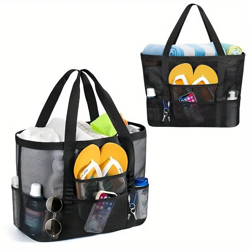 Large-capacity beach bag with mesh protection against sand. Multi-layered family beach bag for vacation and pool trips.