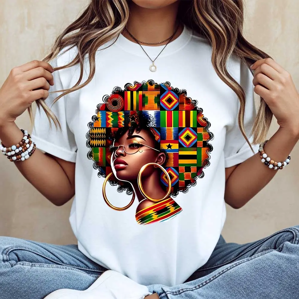 Women's Cotton Short-Sleeve Baggy Afro Print Ethnic Kente Cloth T-Shirt - White, Glasses Graphic, Chic Casual Tops for Everyday Outfits, African Fashion Cultural Celebrations, Shortsleeve
