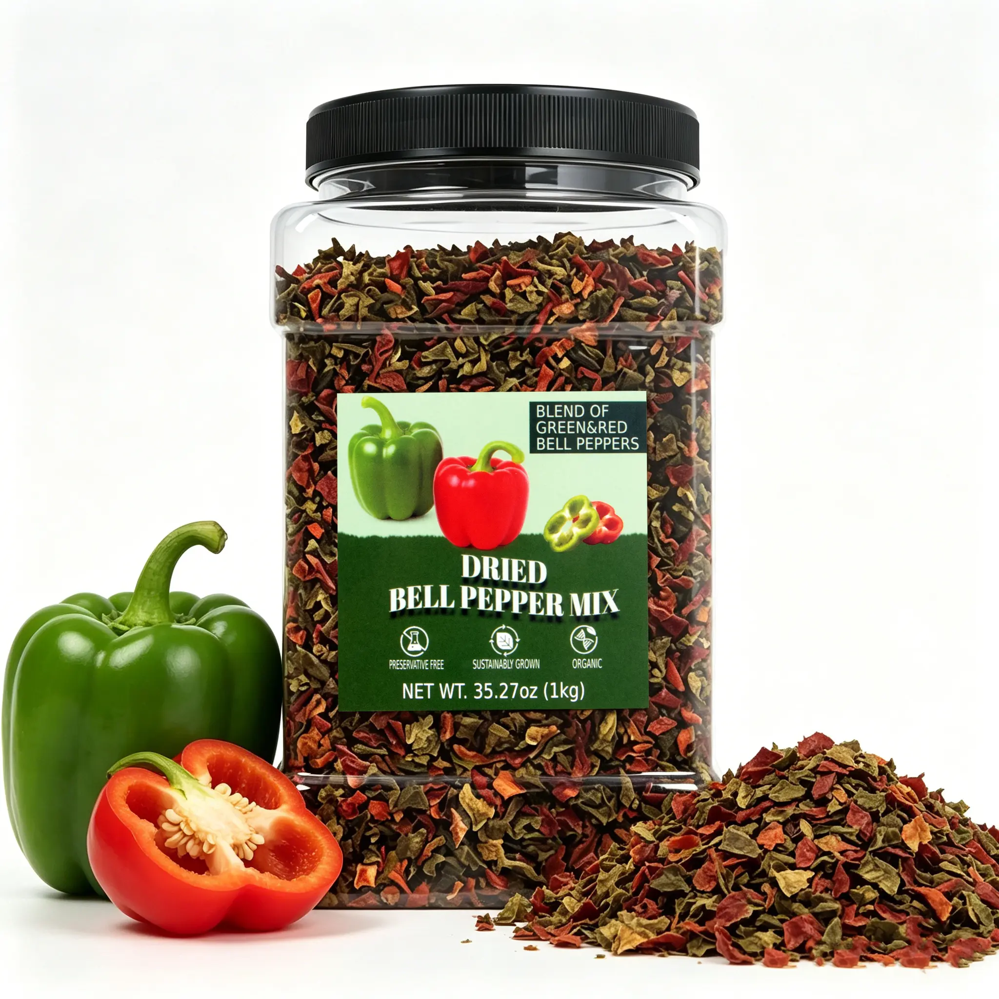 Bulk Chopped Dehydrated Red & Green Bell Pepper Mix Flakes - 100% Natural Chili-Infused Dried Vegetables, Sugar-Free Vegan Spices Rub for Soup, Pizza Toppings, Camping, Scrambled Eggs
