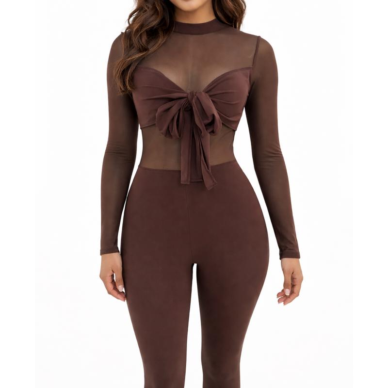 SHAPESHE Women's Jumpsuit with Long Sleeve Black Bow Mesh See-through Bodysuit for Outing