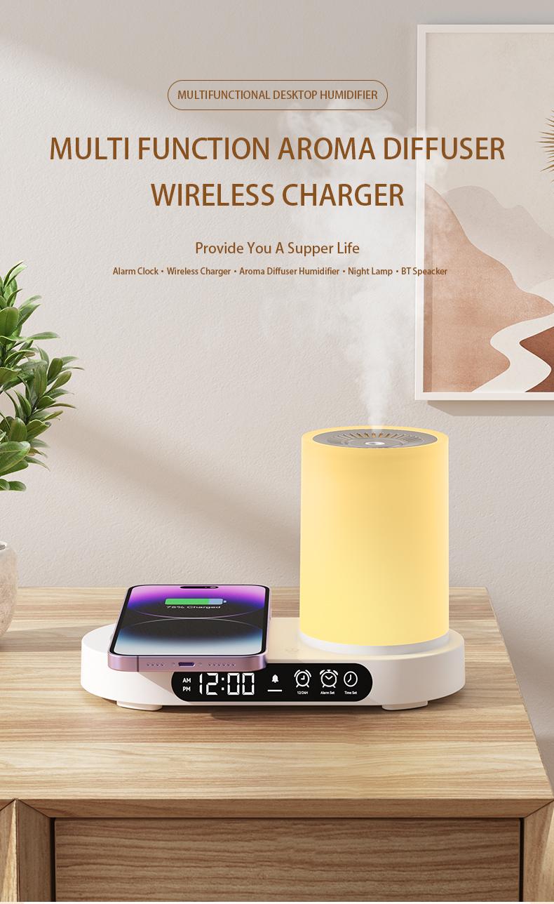 【CLEARANCE SALES】DOMEIU Multi-function automatic shut-off air humidifier bedroom chargers , aroma diffuser,  wireless charging, Bluetooth speaker. 7 color light, alarm clock,  Automated Aromatherapy .Limited-time flash sale products