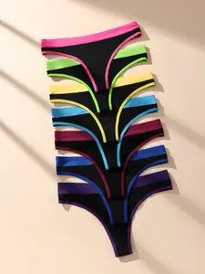 HOTCOM Women's Colorful Drop Waist T Back Thongs Regular Fit Soft Elegant Comfy Panty for Daily Wear Solid Color Seamless Womenswear Casual Chic Underwear 7/14 PCS - Activewear