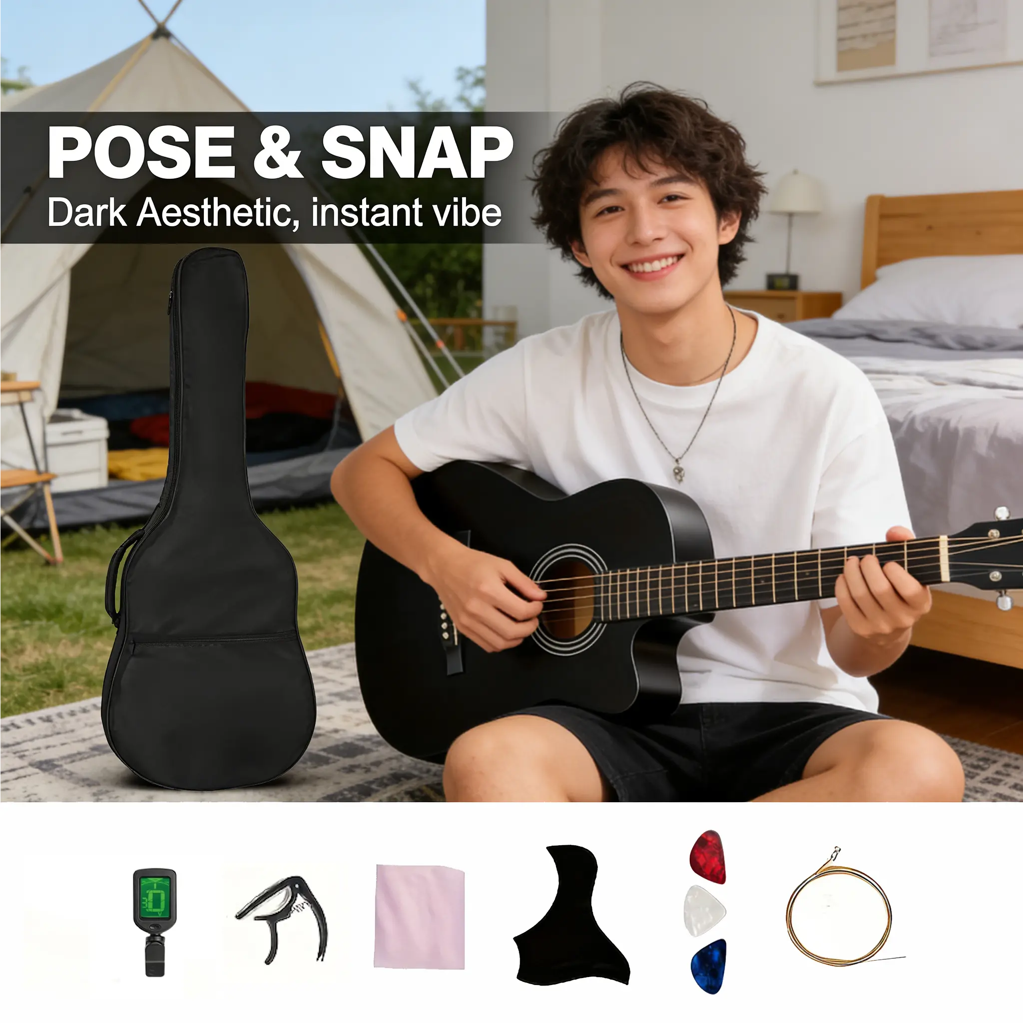 Unisex Beginner-Level 38-in Acoustic Guitar (Black, Sunset Finishes) with Complete Starter Kit: Gig Bag, Spare Strings, Cleaning Cloth, Tuner, Capo, Pickguard, Picks