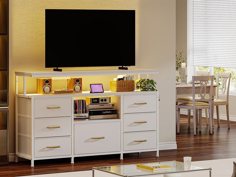 Raybee Dresser for Bedroom with 7 Drawers for 60" TV, with LED Lights & Charging Station, Long Dresser with Shelves & 4 Hooks, Sturdy Metal Frame & Fabric Drawers
