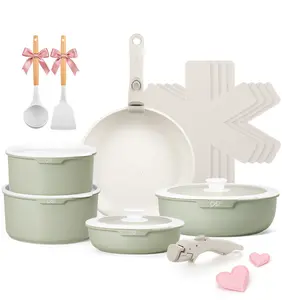 KOCH SYSTEME CS 17pcs Pots and Pans Set, Nonstick Cookware Set Detachable Handle, Induction Kitchen Cookware Sets Non Stick with Removable Handle, Green, Home, pots pans set, Cooking Container, Lid, Compact