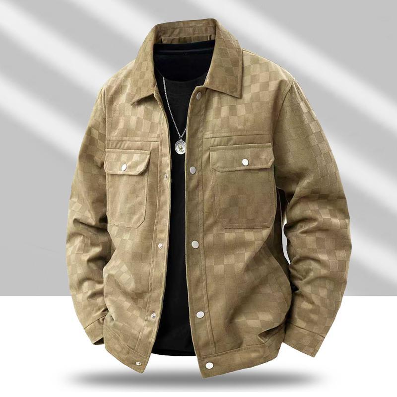 Men's Black Patterned Suede Wool Jacket with Front Flap Pockets and Button Closure, Suitable for Autumn Wear - Fashionable and Practical Top - Aesthetic - Fashion men outfits SpringStatements