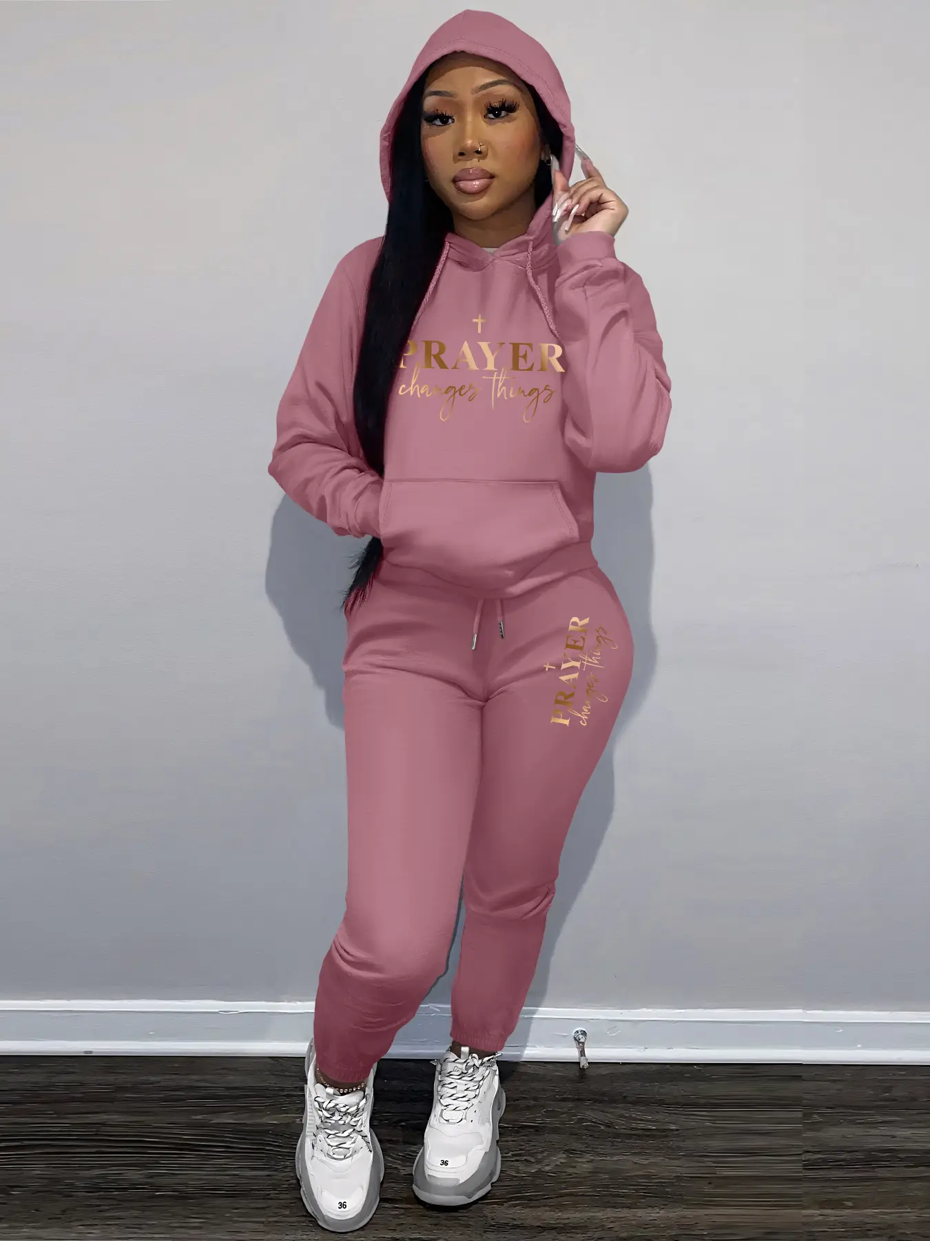 Women's Prayer Letter Print Casual Loose Fit Hoodie Sweatshirt Set, Round Neck Long Sleeve Pullover + Jogger Pants, Fall & Winter Fashion Outfit Top