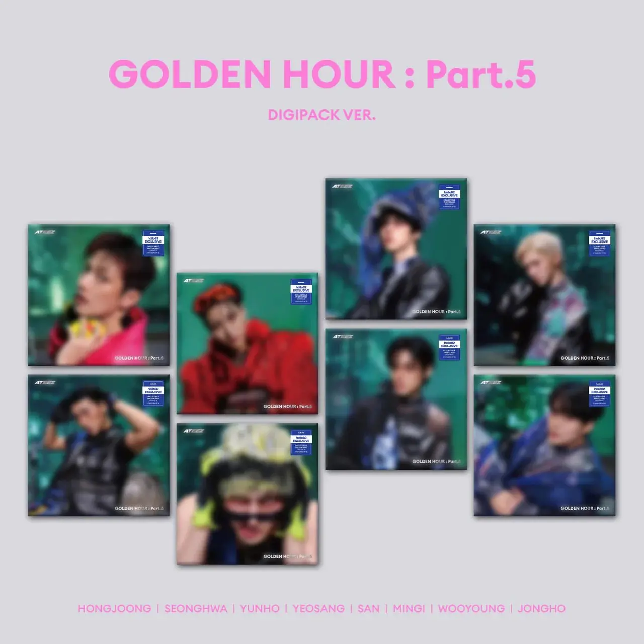 ATEEZ GOLDEN HOUR Part.5 Digipack CD Album - hello82 Exclusive, 8 Member Ver, PEEK PEBBLE Photocards, 1 28-page Booklet, 1 Cover (Including Wooyoung, Hongjoong, Seonghwa)
