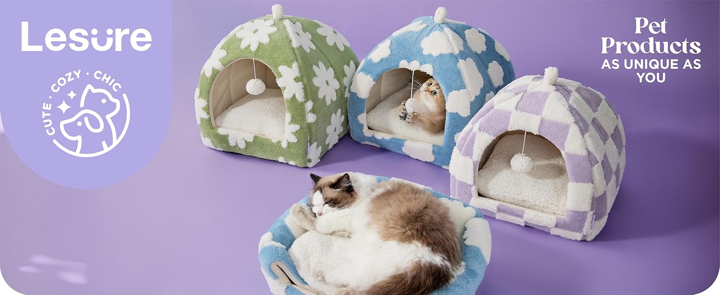 LESURE Cute Cat Beds for Indoor Cats - 2 in 1 Cat Cave Bed with Removable Washable Cushioned Pillow, Cozy Cat Tent House Design Pet Supplies Portable Blanket, Valentine’s Day Choice