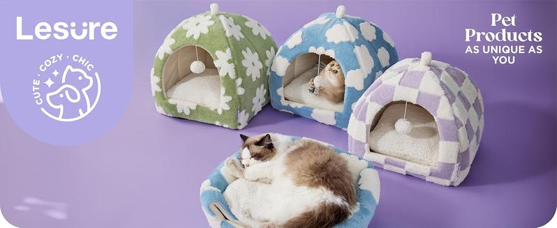 LESURE Cute Cat Beds for Indoor Cats - 2 in 1 Cat Cave Bed with Removable Washable Cushioned Pillow, Cozy Cat Tent House Design Pet Supplies Portable Blanket, Valentine’s Day Choice
