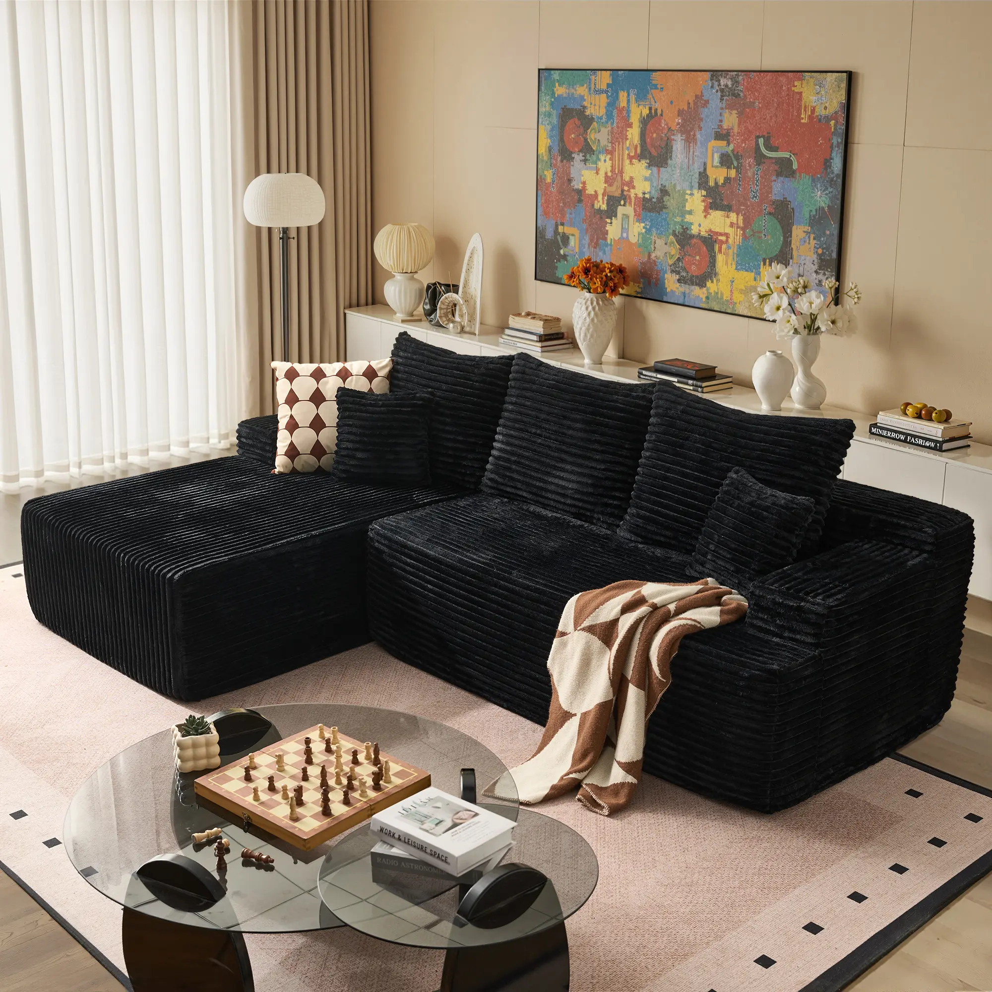 96" Black L Shaped Sofa with Left Chaise