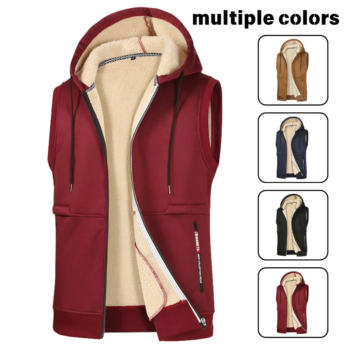 Men's Plain Plush Lambskin Sleeveless Waistcoat - Hooded Black Polyester Vest Top Daily, Autumn Winter Warm Outdoor Casual Clothes, Adventure Wear, Solid Basic and Comfort Fit polished outerwear everyday essential clean