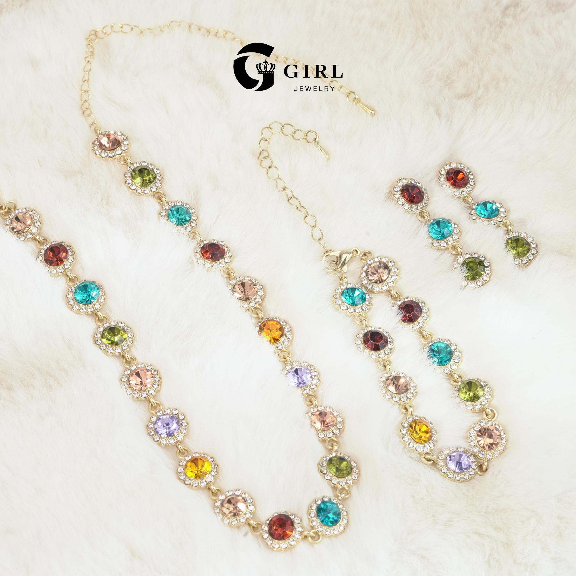 GGIRL Colorful Rhinestone Jewelry Set - Multi Color Bracelet & Shining Earrings - Stackable Choker Necklace - Unisex Daily Wear Gift Party Accessory for Various Festivals Fashion Jewelry Gift for Holiday Haul Christmas Birthdays Anniversaries