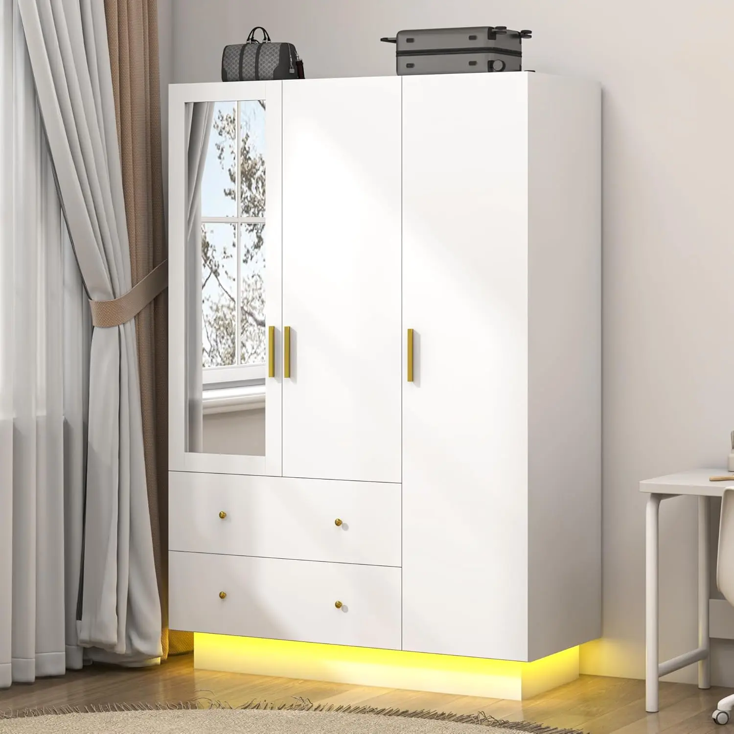 2 Doors/3 Doors/4 Doors Armoire Wardrobe Closet with Mirror, LED Armoire with Doors and Drawers, Wooden Armoire Storage Cabinet with Hanging Rod, Adjustable Shelves, (White/Black/brown）
