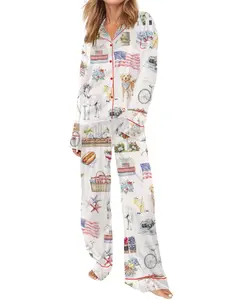 4th Of July Pajama Set For Women Soft Breathable Fabric Button Up Top Elastic Waistband Loungewear Nightwear
