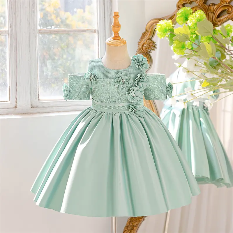 childrens green bridesmaid dresses BABARONI Tulle Junior Bridesmaid Dresses Satin Top Glamourous Bowknot Dusty Sage, Dusty Sage / J4 main image 1