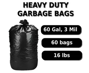 Heavy Duty Garbage Bags 60 Gallon 3 Mil 60 pcs Black 41x55 inch for Tough Cleanups & Kitchen Use