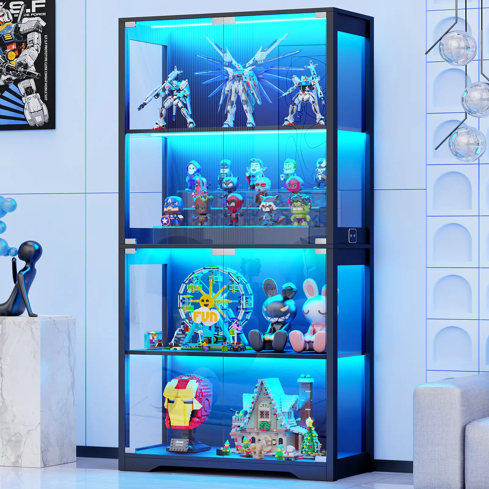 MIIFUNY Display Cabinet with Glass Doors, Storage Cabinet with 3 Color Light, 4-Tier Curio Cabinet&Bookcase for Collectibles, Toys, Books, for Playroom, Bedroom, Study Room, Black