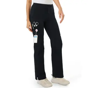 Wellhin Women's Yoga Scrub Pants Stretch High Waisted Straight Leg Uniform 5 Pockets Anti-Wrinkle Cargo Workwear