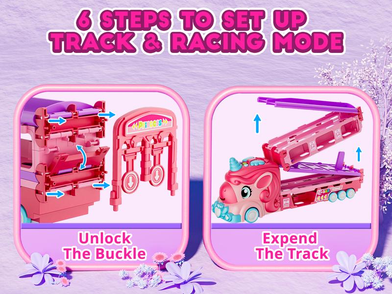 Durable Garage Multifunction Dinosaur/Princess/Unicorn Truck Toys for 2-7 Year Boys & Toddlers Foldable Track 2 Player Race Mode Light Sound Transport Carrier with 6 Dino Cars 12 Accessories Birthday Christmas Gift Idea for Kids Girls