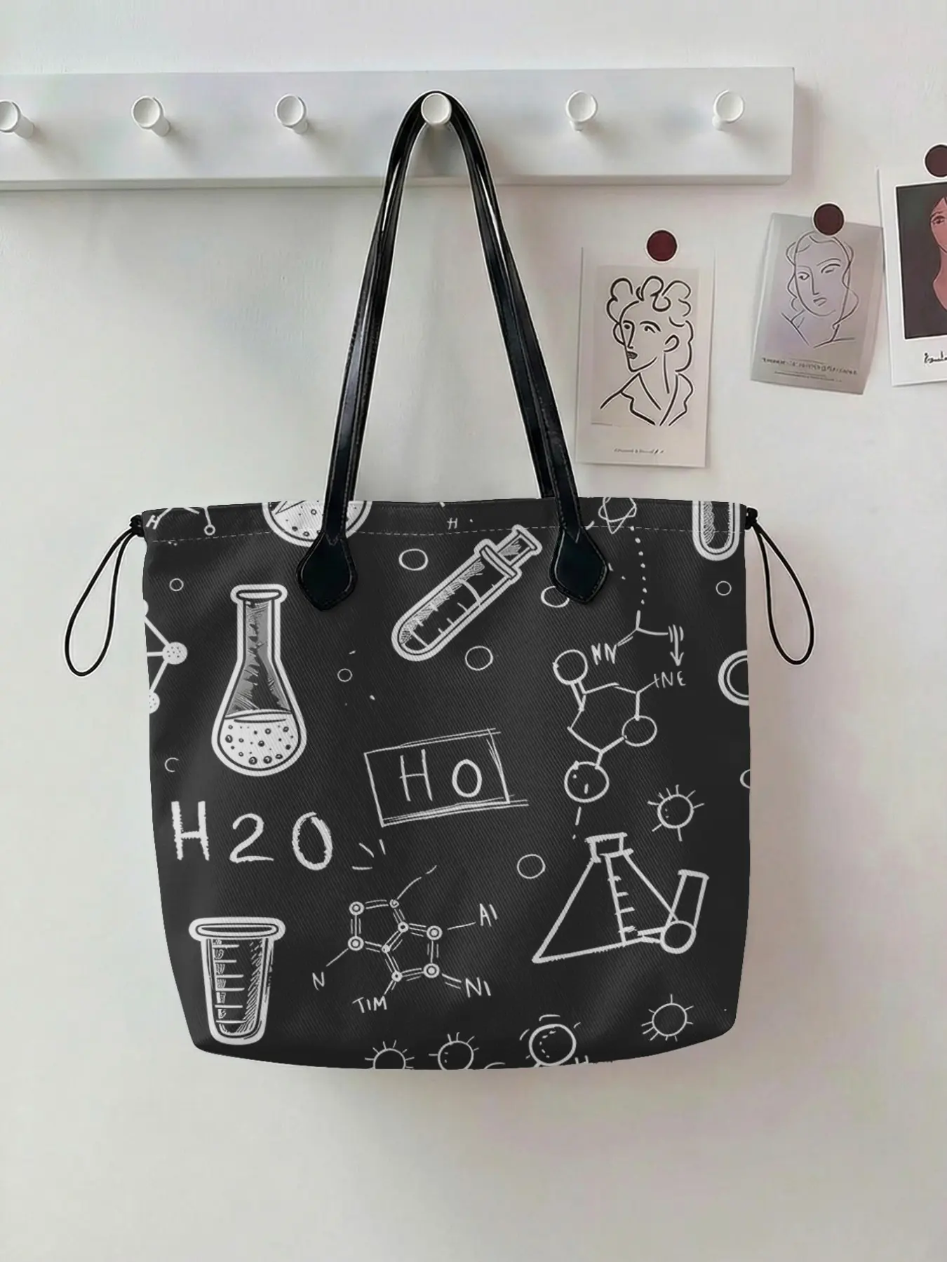 Chemical Reagent Pattern Drawstring Tote Bag, Large Capacity Shopping Bag, Durable All Season Casual Style, Perfect for Work, Shopping, Picnic