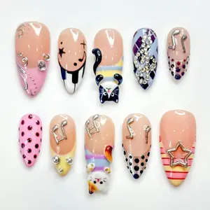 Polka Dot Cat Melody Press On Nails | Cute Cat Nail Art for Music Lover | Polka Dot Nude Nails | Luxury Cute Nails