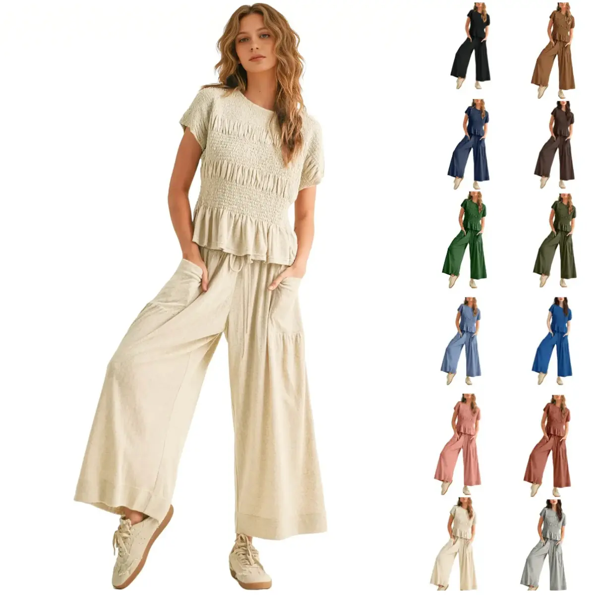JovenPara Womens 2 Piece Outfits Short Sleeve Smocked Top & Wide-Leg Pants Set Sweatsuits Tracksuit Casual Baggy Clothes  Outdoor